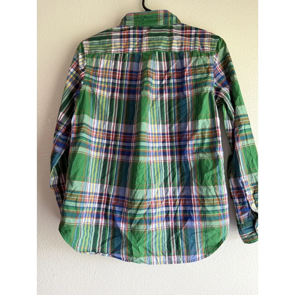 Ralph Lauren Boys Large 14/16 Green Madras Plaid Button Down Shirt Sleeve Preppy